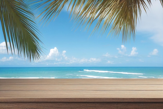 Empty wooden table for product display with view of tropical beach background