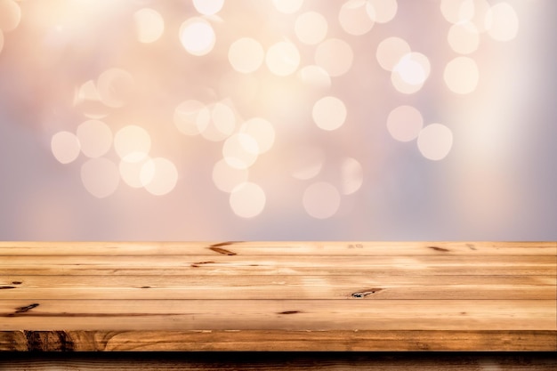 Empty wooden table for product placement or montage with focus to the table top blurred bokeh backgr