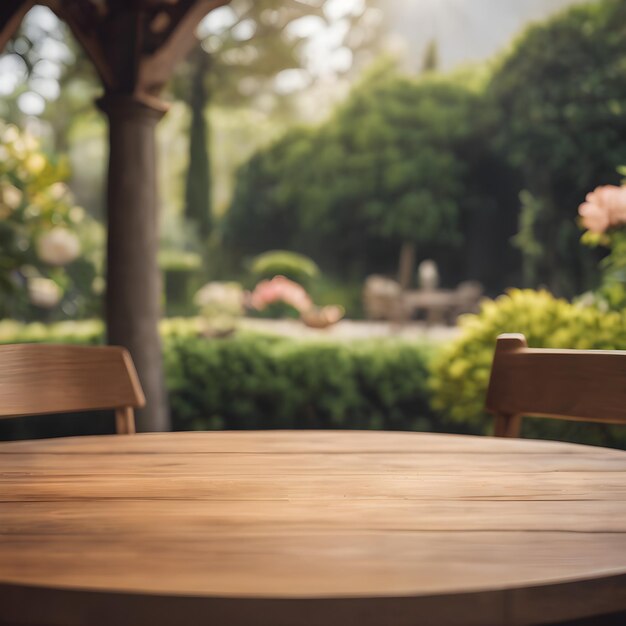 Empty Wooden Table for Product Showcase with Garden Scenery