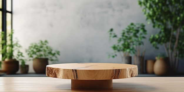 Empty wooden table product stage for promotion behind blurred living room with green plant