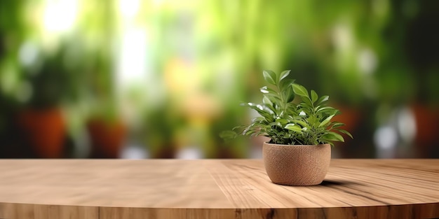 Empty wooden table product stage for promotion behind blurred living room with green plant