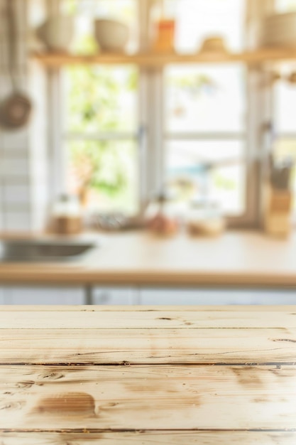 Empty Wooden Table Ready for Product Display in Cozy Kitchen Setting