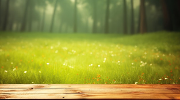 An empty wooden table rests against the backdrop of a beautiful spring green meadow with a bokeh effect