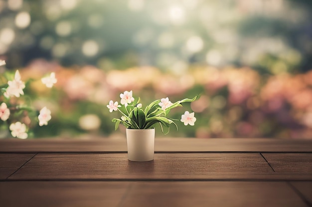 Empty wooden table in Sakura Flower Park with garden bokeh background Product mockup template