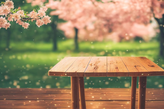 Empty wooden table in Sakura Flower Park with garden bokeh background Product mockup template