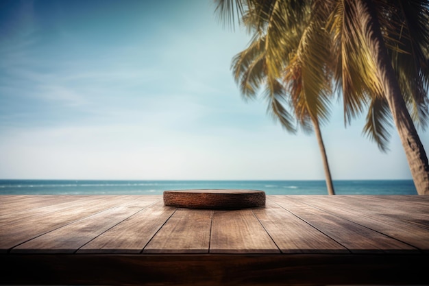 Empty wooden table on sea background Desk of free space for product display Created Generative Ai