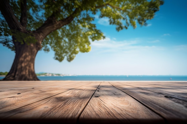 Empty wooden table on sea background Desk of free space for product display Created Generative Ai