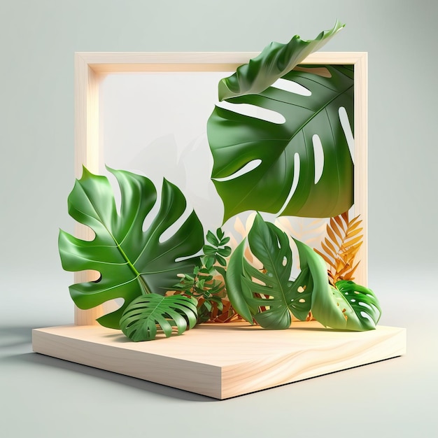 Empty wooden table showcase with monstera leaves decoration with generative ai