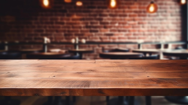 Empty wooden table space platform defocused restaurant interior