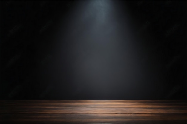 Empty wooden table and spotlight black background Product display montage