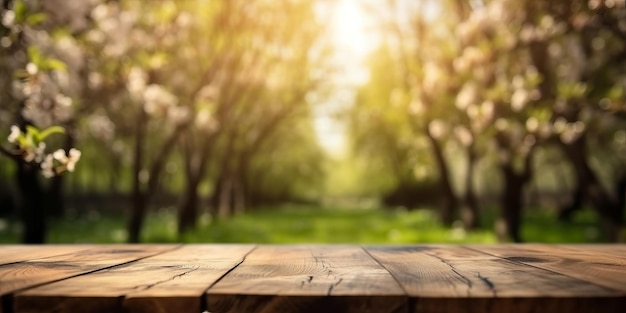 Empty wooden table in spring garden blurred background Free space for product display Generative Ai