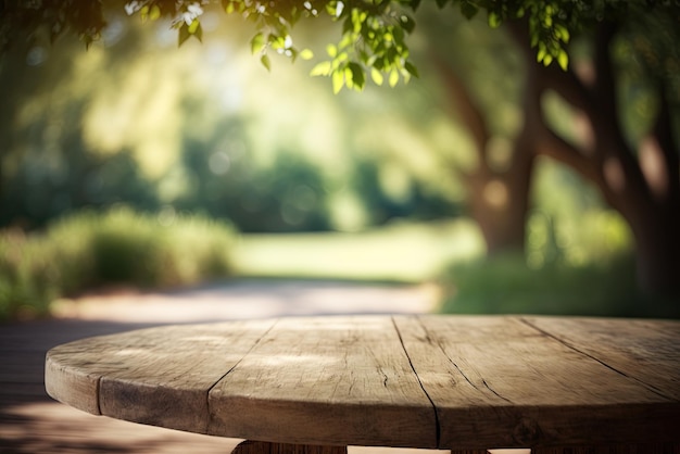 Empty Wooden Table Spring Time Blossoms With Green Nature Background Generated By AI