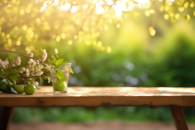 Empty wooden table spring time blossoms with green nature background