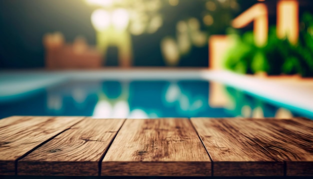 Empty wooden table in the summer backyard