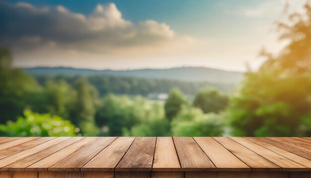 Empty wooden table Summer time Blurred backyard Natural mountain landscape Mock up