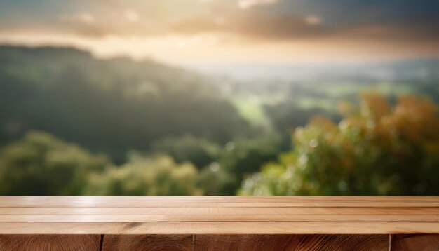 Empty wooden table Summer time Blurred backyard Natural mountain landscape Mock up