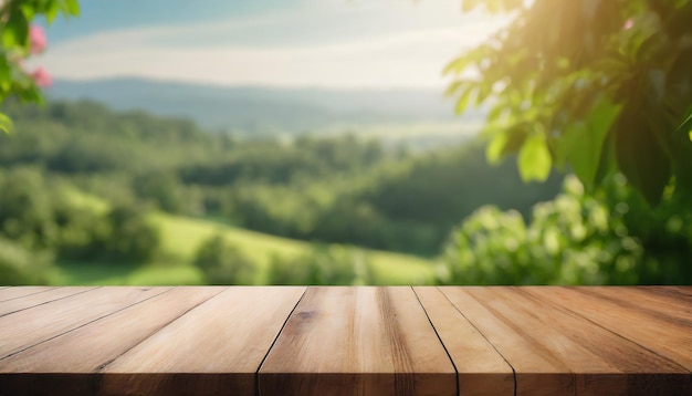 Empty wooden table Summer time Blurred backyard Natural mountain landscape Mock up