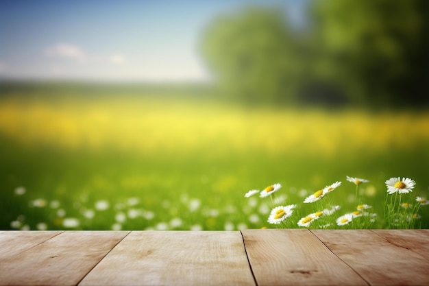 Empty wooden table surface with copy space spring meadow background