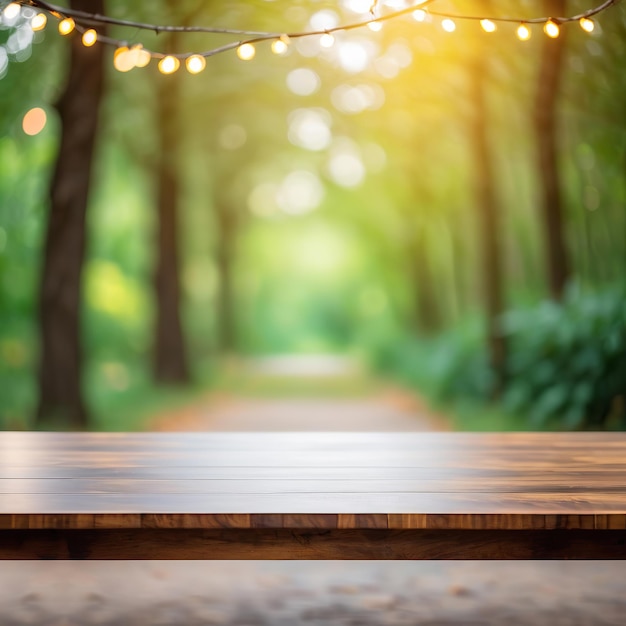 An empty wooden table template on a forest background Blurred background bokeh