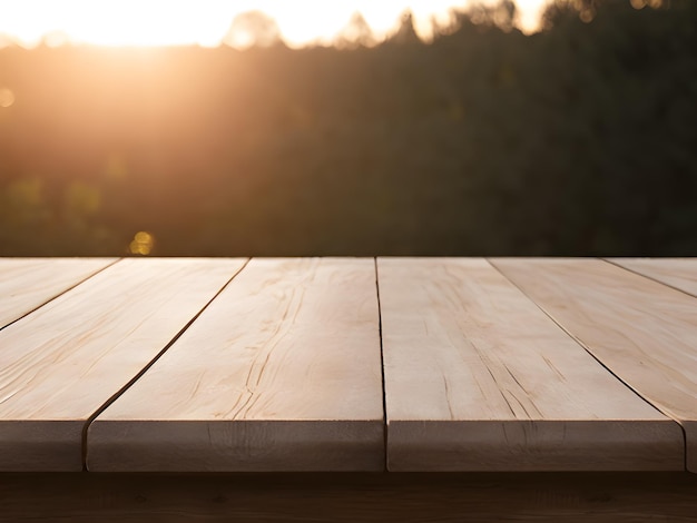 Empty wooden table top on blur morning background