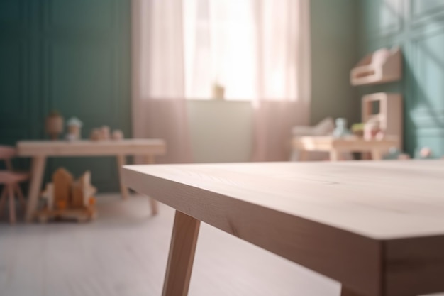 Empty wooden table top and blurred kids room interior on the background Copy space for your object product toy presentation Display promotion advertising Generative AI