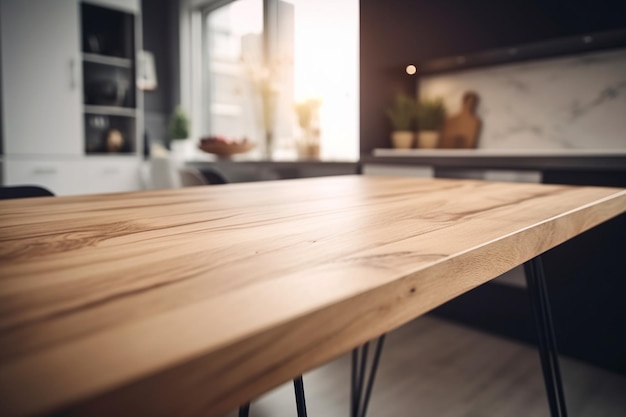 Empty wooden table top and blurred kitchen dining room interior on the background Copy space for your object product food presentation Generative AI