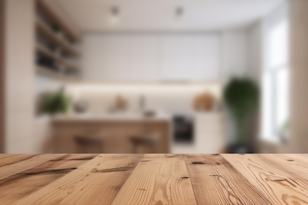 Empty wooden table top and blurred kitchen dining room interior on the background Copy space