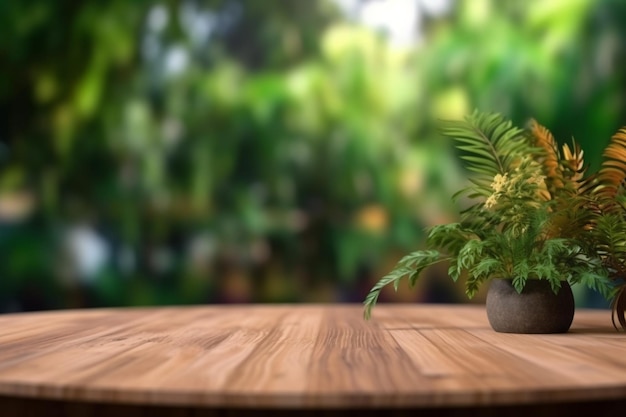 Empty wooden table top and blurred plants on the background copy space