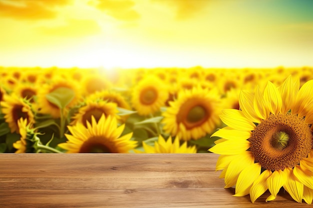 An empty wooden table top is amidst a sunflower field Generative AI