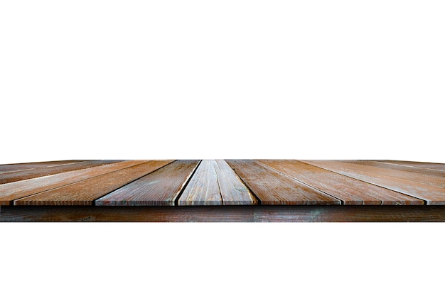 Photo empty wooden table top isolated on white background with clipping path can be used for display or montage your products