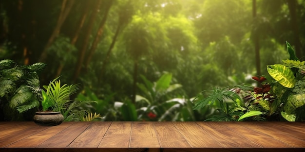 Empty wooden table top product display showcase stage tropical summer forest background