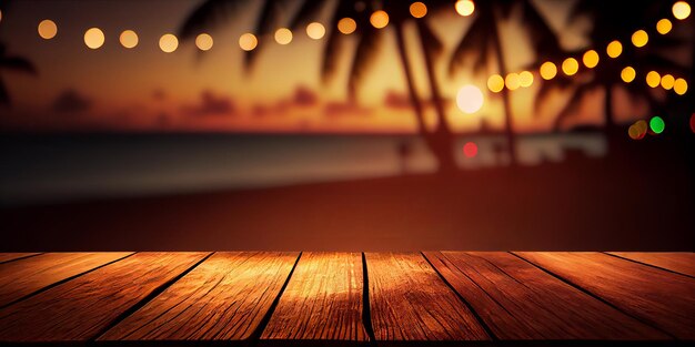 Empty wooden table top product display showcase stage Tropical summer sunset beach bar background Generative ai