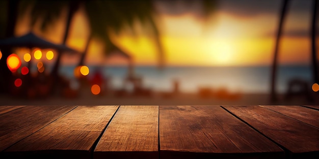 Empty wooden table top product display showcase stage Tropical summer sunset beach bar background Generative ai