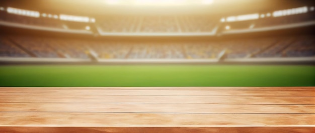 Empty wooden table top product display showcase stage with large sports stadium background Generative ai