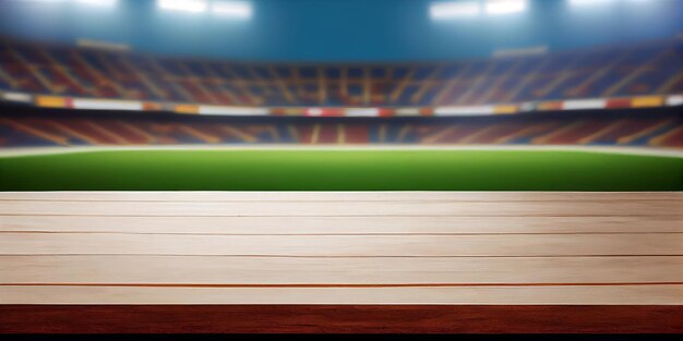 Empty wooden table top product display showcase stage with large sports stadium background Generative ai