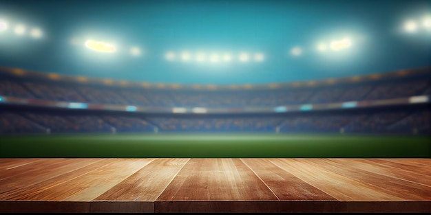 Empty wooden table top product display showcase stage with large sports stadium background Generative ai