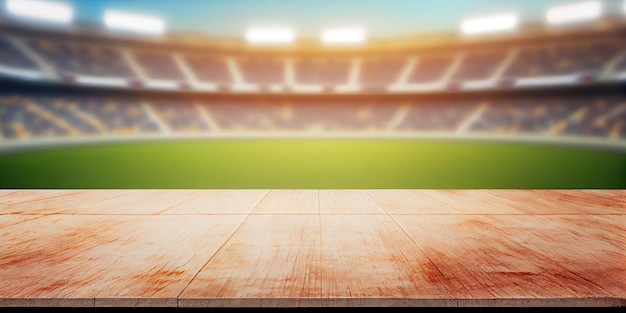 Empty wooden table top product display showcase stage with large sports stadium background Generative ai