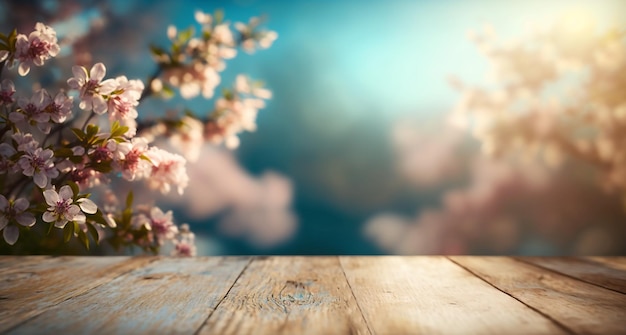 Empty wooden table top product display showcase stage with spring cherry blossom background Generative ai