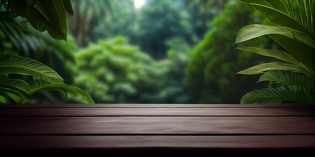 Empty wooden table top product display showcase stage with tropical lush jungle leaves background Generative ai