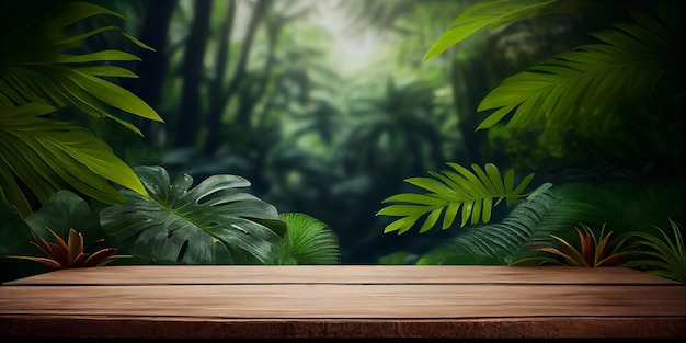 Empty wooden table top product display showcase stage with tropical lush jungle leaves background Generative ai