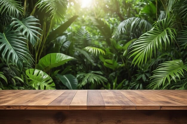 Empty wooden table top product display showcase stage with tropical lush