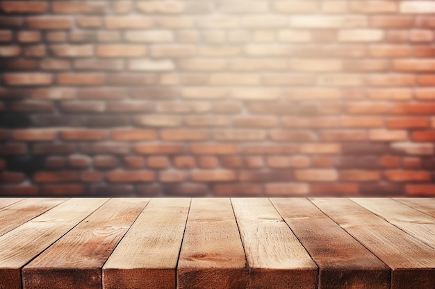 Empty Wooden Table Top on Red Brick Wall Background