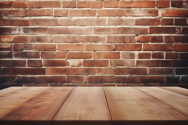 Empty Wooden Table Top on Red Brick Wall Background