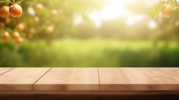 Empty wooden table top texture board on a blurred background of an orchard