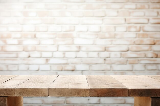 Empty wooden table top on white brick wall background