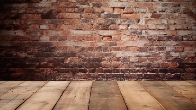 Empty wooden table top with background of bricks wall