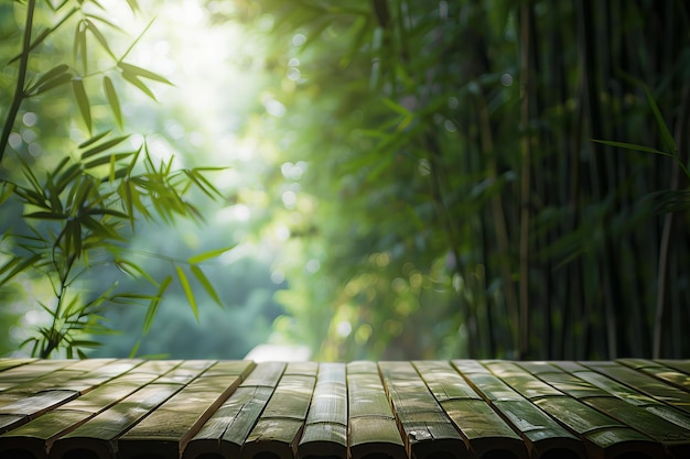 Empty wooden table top with a bamboo forest background for product display montage bokeh light and