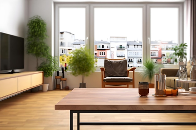 Empty wooden table top with big window livingroom interior blur background generative ai