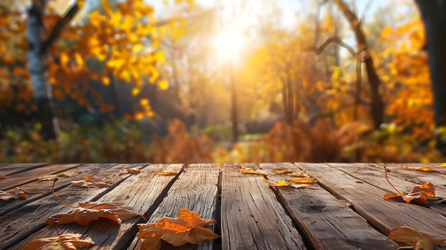 The empty wooden table top with blur background of autum