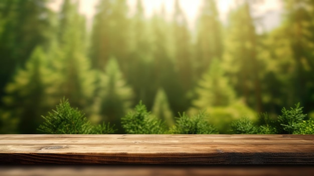 The empty wooden table top with blur background of boreal forest Exuberant image